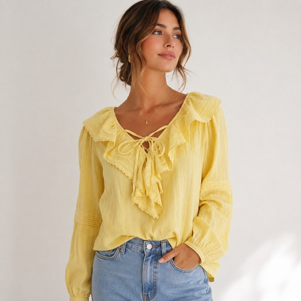 Moussy Vintage Yellow Ruffle Tie Neck Dobby Stripe Blouse OS Feminine Girly
